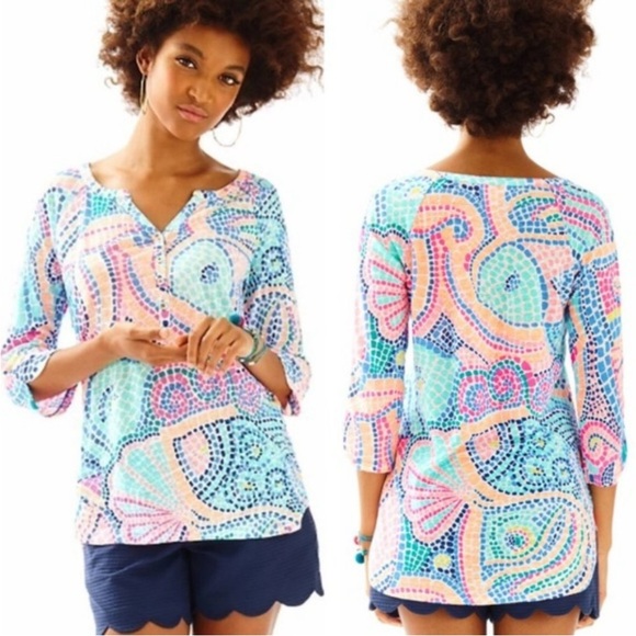 Lilly Pulitzer Tops - Lilly Pulitzer Womens Egret Tile Wave 100% Linen Henley Tunic Top